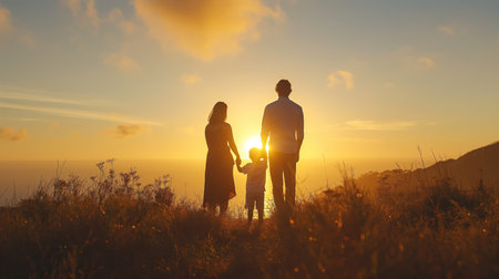 A family silhouette against a sunset, hand in hand, epitomizes a serene and heartfelt moment.の素材