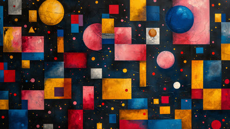 A dynamic abstract of colorful geometric blocks interspersed with celestial motifs, suggesting a vibrant cosmic dance.の素材