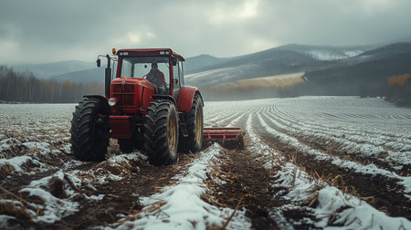 A farmer drives a red tractor across a snowy field, methodically plowing the frosty earth under a cloudy winter sky.の素材