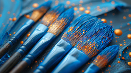 A dynamic arrangement of paintbrushes soaked in vivid blue paint, speckled with golden dots, creating an explosion of creativity on a dark canvas.の素材