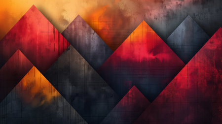 A fiery gradient of angular mountains against a smoky sky creates a striking visual contrast.の素材