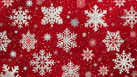 A festive red background scattered with various white snowflakes, each uniquely patterned and subtly glittering.の素材