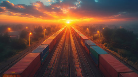 A fiery sunrise bathes a sprawling freight train yard in golden light, casting long shadows over countless colorful containers.の素材