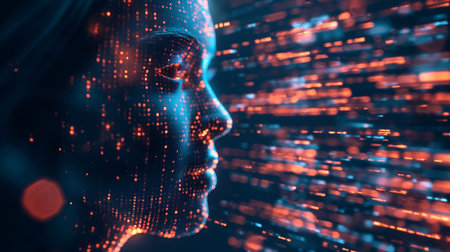 A digital concept illustration of artificial intelligence, depicting a human face composed of vibrant blue data streams.の素材