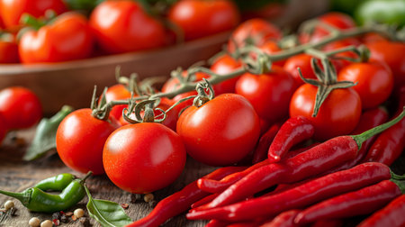 Vibrant red tomatoes and fiery chili peppers cluster amidst fresh green herbs, radiating freshness.の素材
