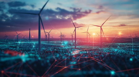Wind turbines spin at dusk, their glowing connections highlighting an innovative energy network over a digital landscape.の素材