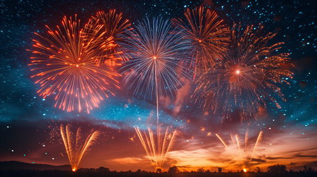 Vivid fireworks explode in a starlit sky, casting a radiant glow over a silhouetted landscape.の素材