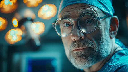 A focused older male surgeon in blue scrubs with intense eyes under the bright surgical lights.の素材