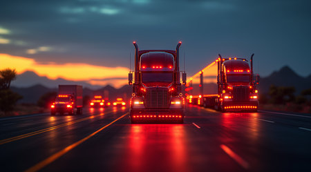 A fleet of futuristic red-lit trucks travels down a highway at dusk, their headlights illuminating the twilight.の素材