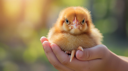 A fluffy chick nestled in gentle hands gazes curiously at the world.の素材