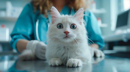 A fluffy white kitten with striking blue eyes curiously observes its surroundings while a caring veterinarian prepares for a checkup.の素材