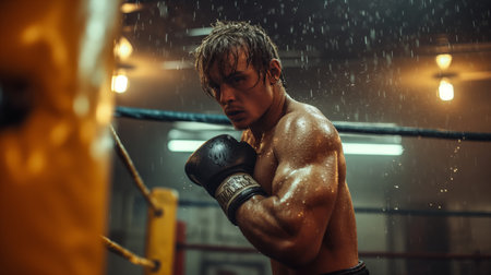 A focused boxer, muscles glistening with sweat, throws a powerful punch at a heavy bag in a dimly lit gym, embodying determination and strength.の素材