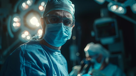 A focused surgeon in blue scrubs performs a critical operation under the intense lights of a high-tech surgical theater.の素材