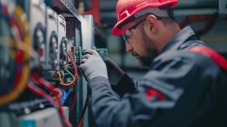 A focused repair technicians sophisticated electronics, symbolizing precision and technological expertise.の素材