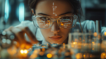 A focused scientist wearing augmented reality glasses is meticulously working on a complex circuit board, with holographic data projected onto the lensesの素材