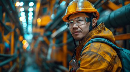 A focused engineer in an industrial setting wears a safety helmet and glasses.の素材