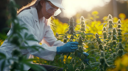 A focused scientist in a lab coat examines cannabis plants attentively, surrounded by a field bathed in golden sunlight.の素材
