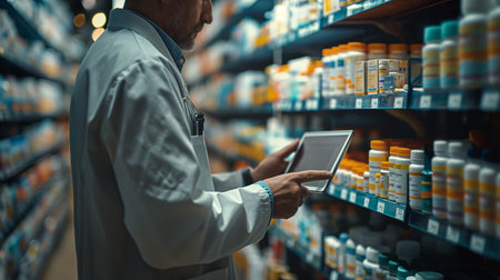 A focused pharmacist uses a tablet while checking medication shelves in a well-stocked pharmacy.の素材