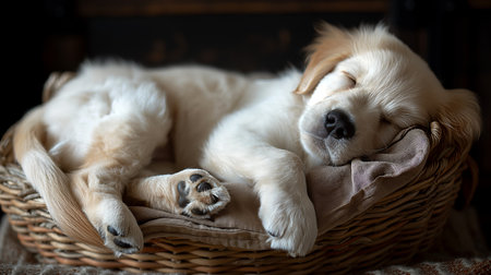 A fluffy white puppy sleeps peacefully in a woven basket, embodying pure innocence and tranquility.の素材