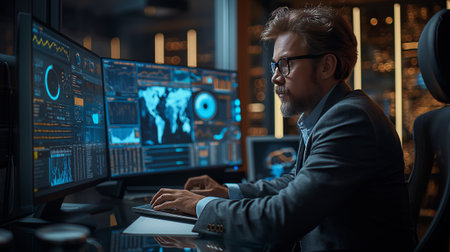 A focused man monitors an array of glowing screens in a high-tech control room, showcasing a complex network of global data.の素材