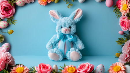 A fluffy blue bunny sits surrounded by colorful flowers and Easter eggs.の素材