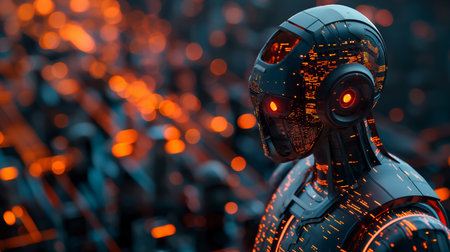 A futuristic robot with glowing red eyes and intricate circuit patterns stands against a backdrop of shimmering orange lights.の素材