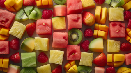 A geometric pattern of colorful fruit cubes, interspersed with berries and kiwi slices, offers a feast for the eyes and the palateの素材