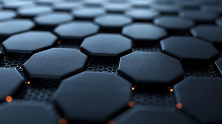 A futuristic hexagonal surface, detailed with metallic sheen and ambient lighting, evokes a sense of advanced technology.の素材