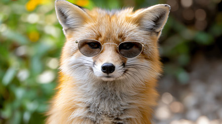 A fox sporting stylish sunglasses poses confidently among summer blooms, exuding cool vibes.の素材