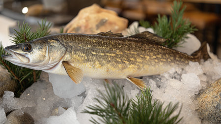 A fresh Atlantic cod, poised elegantly on a bed of ice and pine, its silvery scales gleaming under the soft light.の素材