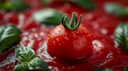 A fresh red tomato with dewy droplets, nestled among lush green basil leaves on a vivid red sauce backdrop.の素材