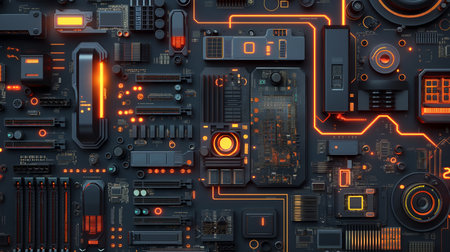 A futuristic circuit board with glowing orange elements and intricate components.の素材