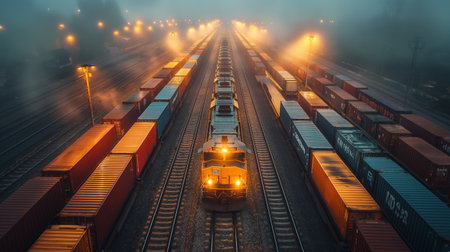 A freight train moves through a foggy night, its lights piercing the mist along the laden cargo tracks.の素材