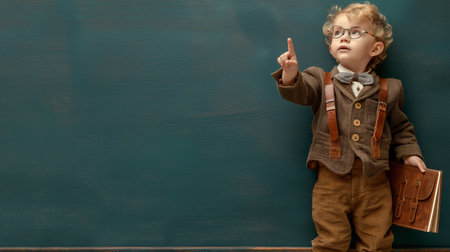 A funny little boy in glasses and a vintage outfit points upward, looking curious and scholarly.の素材