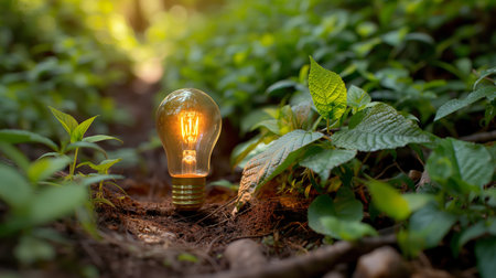 A glowing lightbulb planted in the ground among green leaves symbolizes innovation and growth in a natural environment.の素材