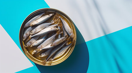 A golden tin opens to reveal a cluster of fresh sardines, their silvery bodies elegantly arranged against a sharp blue and white geometric background.の素材