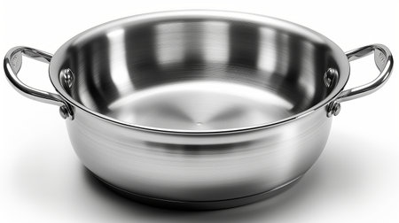 A gleaming stainless steel pot with sturdy handles, reflecting the light in a pristine kitchen setting, ready for cooking.の素材