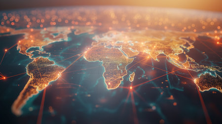 A glowing digital map highlights major global connections with bright lines and nodes.の素材