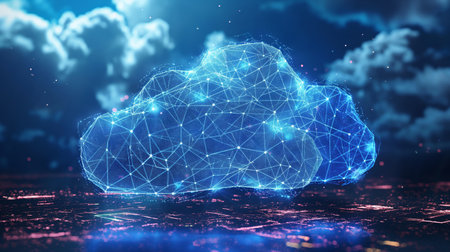 A glowing, digital cloud hovers over a cityscape at night, symbolizing cloud computing and data connectivity.の素材