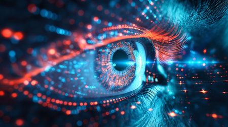 A glowing digital eye, encapsulating a cybernetic world of data and light, pierces through the digital darkness.の素材