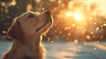 A golden retriever gazes up into a sunlit sky, surrounded by glowing bokeh lights.の素材