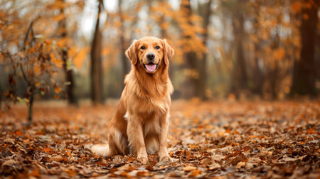 A Golden Retriever sits proudly amidst a blanket of fallen autumn leaves, embodying warmth and loyalty.の素材