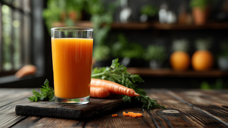 A glass of vibrant orange carrot juice sits freshly poured, surrounded by carrots and herbs on a rustic wooden tableの素材