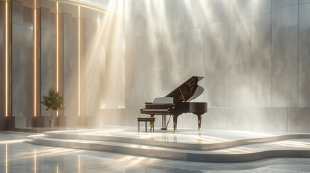 A grand piano sits majestically in a minimalist hall, bathed in rays of sunlight that create a serene and inviting atmosphere.の素材