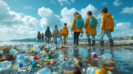 A group of children and adults, clad in matching yellow raincoats, traverse a littered beach, collecting trash under a vast sky.の素材