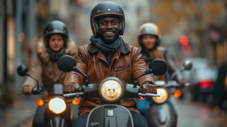 A group of friends rides motorbikes through the city, their faces lit with joy and excitement.の素材