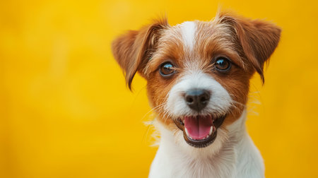 A happy, smiling puppy with bright eyes poses against a vibrant yellow background.の素材