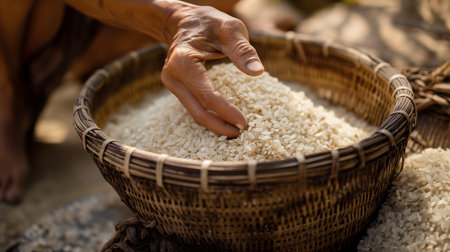 A hand delicately touches a basket full of raw rice grains, symbolizing abundance and nourishment.の素材