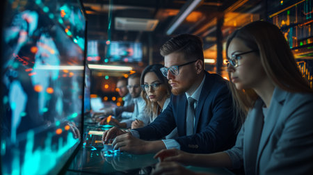A group of professionals, focused, analyzing data on a large screen in a high-tech environment, surrounded by glowing lights and digital graphs.の素材