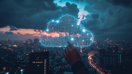 A hand points towards a glowing, digital cloud above a bustling city skyline at twilight, symbolizing modern connectivity and data storage.の素材